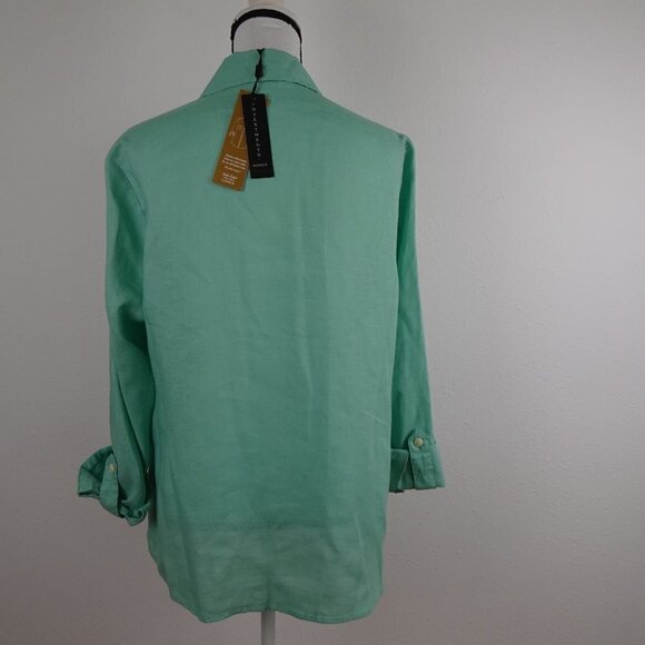 Investments Linen Blouse Top Women's 14W Green Roll Tab Sleeves - Picture 4 of 10